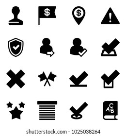 Solid vector icon set - stamp vector, dollar flag, pin, attention road sign, shield check, user login, delete cross, flags, stars, jalousie, abc book