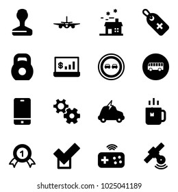Solid vector icon set - stamp vector, plane, house, medical label, weight, account statistics, no overtake road sign, bus, phone, gear, electric car, green tea, gold medal, check, joystick wireless