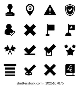 Solid vector icon set - stamp vector, dollar pin, attention road sign, shield check, user, delete cross, flag, flags, stars, jalousie, abc book