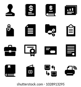 Solid vector icon set - stamp vector, annual report, statistics, attachment, document, shared folder, clipboard, portfolio, certificate, envelope, agreement, book, passport, data exchange