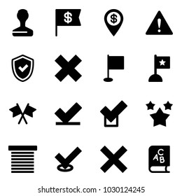 Solid vector icon set - stamp vector, dollar flag, pin, attention road sign, shield check, delete cross, flags, stars, jalousie, abc book