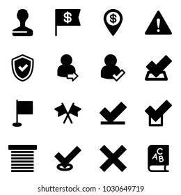 Solid vector icon set - stamp vector, dollar flag, pin, attention road sign, shield check, user login, flags cross, jalousie, delete, abc book
