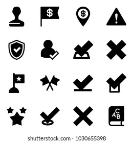 Solid vector icon set - stamp vector, dollar flag, pin, attention road sign, shield check, user, delete cross, flags, stars, abc book