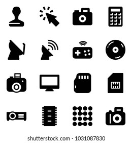 Solid vector icon set - stamp vector, cursor, camera, calculator, satellite antenna, joystick wireless, cd, monitor, micro flash card, sim, projector, chip, circuit
