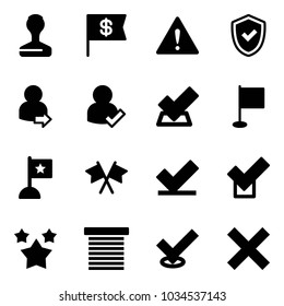 Solid vector icon set - stamp vector, dollar flag, attention road sign, shield check, user login, flags cross, stars, jalousie, delete