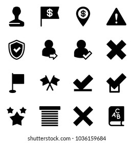 Solid vector icon set - stamp vector, dollar flag, pin, attention road sign, shield check, user login, delete cross, flags, stars, jalousie, abc book
