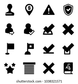 Solid vector icon set - stamp vector, dollar pin, attention road sign, shield check, user login, delete cross, flag, stars, jalousie, abc book