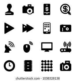 Solid vector icon set - stamp vector, camera, mobile payment, money click, play, fast forward, photo, satellite antenna, mouse wireless, monitor, wi fi router, clock, chip, circuit