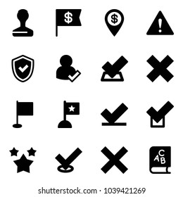 Solid vector icon set - stamp vector, dollar flag, pin, attention road sign, shield check, user, delete cross, stars, abc book
