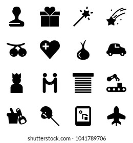 Solid vector icon set - stamp vector, gift, Magic wand, falling star, rowanberry, heart, onion, car, king, agreement, jalousie, conveyor, shovel bucket, horse stick toy, game console, plane