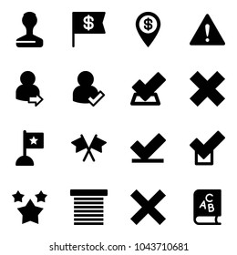 Solid vector icon set - stamp vector, dollar flag, pin, attention road sign, user login, check, delete cross, flags, stars, jalousie, abc book