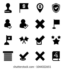 Solid vector icon set - stamp vector, dollar flag, pin, shield check, user login, delete cross, flags, stars, jalousie, abc book