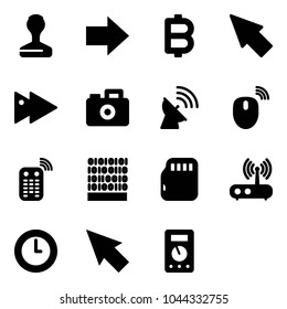 Solid vector icon set - stamp vector, right arrow, bitcoin, cursor, fast forward, camera, satellite antenna, mouse wireless, remote control, binary code, micro flash card, wi fi router, clock