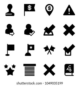 Solid vector icon set - stamp vector, dollar flag, pin, attention road sign, user login, check, delete cross, flags, stars, jalousie, abc book