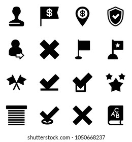 Solid vector icon set - stamp vector, dollar flag, pin, shield check, user login, delete cross, flags, stars, jalousie, abc book
