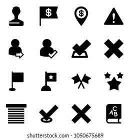 Solid vector icon set - stamp vector, dollar flag, pin, attention road sign, user login, check, delete cross, flags, stars, jalousie, abc book