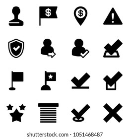 Solid vector icon set - stamp vector, dollar flag, pin, attention road sign, shield check, user login, stars, jalousie, delete