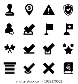 Solid vector icon set - stamp vector, dollar pin, attention road sign, shield check, user login, flag, flags cross, stars, jalousie, delete, abc book