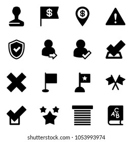 Solid vector icon set - stamp vector, dollar flag, pin, attention road sign, shield check, user login, delete cross, flags, stars, jalousie, abc book