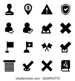Solid vector icon set - stamp vector, dollar pin, attention road sign, shield check, user login, delete cross, flag, flags, jalousie, abc book