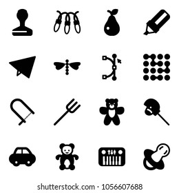 Solid vector icon set - stamp vector, garland, pear, highlight marker, paper fly, dragonfly, bezier, circuit, fretsaw, farm fork, bear toy, horse stick, car, piano, soother
