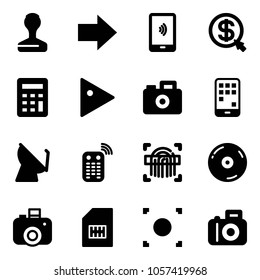 Solid vector icon set - stamp vector, right arrow, mobile payment, money click, calculator, play, camera, satellite antenna, remote control, fingerprint scanner, cd, sim, record button