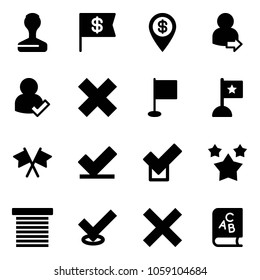 Solid vector icon set - stamp vector, dollar flag, pin, user login, check, delete cross, flags, stars, jalousie, abc book