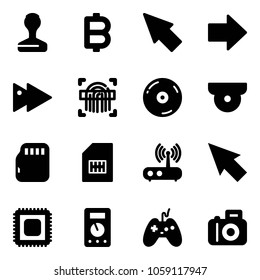 Solid vector icon set - stamp vector, bitcoin, cursor, right arrow, fast forward, fingerprint scanner, cd, surveillance camera, micro flash card, sim, wi fi router, cpu, multimeter, joystick