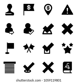 Solid vector icon set - stamp vector, dollar flag, pin, attention road sign, user login, check, delete cross, flags, stars, jalousie, abc book