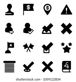 Solid vector icon set - stamp vector, dollar flag, pin, attention road sign, user login, check, delete cross, flags, stars, jalousie, abc book