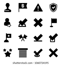 Solid vector icon set - stamp vector, dollar flag, attention road sign, shield check, user login, delete cross, flags, stars, jalousie