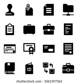 Solid vector icon set - stamp vector, attachment, document, network folder, clipboard, case, portfolio, schedule, certificate, envelope, agreement, book, passport, data exchange