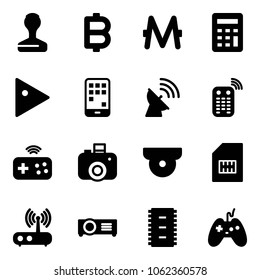 Solid vector icon set - stamp vector, bitcoin, monero, calculator, play, mobile, satellite antenna, remote control, joystick wireless, camera, surveillance, sim, wi fi router, projector, chip