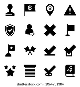 Solid vector icon set - stamp vector, dollar flag, pin, attention road sign, shield check, user login, delete cross, flags, stars, jalousie, abc book