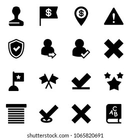 Solid vector icon set - stamp vector, dollar flag, pin, attention road sign, shield check, user login, delete cross, flags, stars, jalousie, abc book