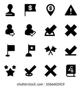 Solid vector icon set - stamp vector, dollar flag, pin, attention road sign, user login, check, delete cross, flags, stars, abc book