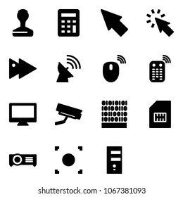 Solid vector icon set - stamp vector, calculator, cursor, fast forward, satellite antenna, mouse wireless, remote control, monitor, surveillance camera, binary code, sim, projector, record button