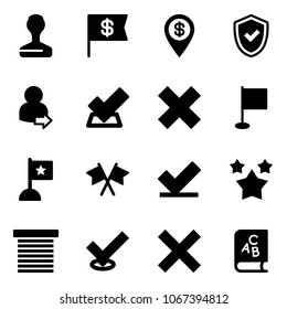 Solid vector icon set - stamp vector, dollar flag, pin, shield check, user login, delete cross, flags, stars, jalousie, abc book