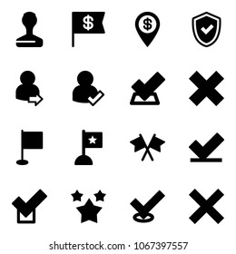 Solid vector icon set - stamp vector, dollar flag, pin, shield check, user login, delete cross, flags, stars