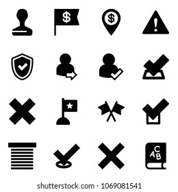 Solid vector icon set - stamp vector, dollar flag, pin, attention road sign, shield check, user login, delete cross, flags, jalousie, abc book
