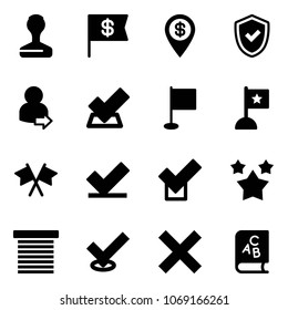 Solid vector icon set - stamp vector, dollar flag, pin, shield check, user login, flags cross, stars, jalousie, delete, abc book