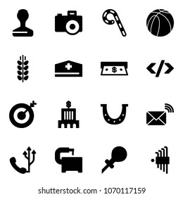 Solid vector icon set - stamp vector, camera, lollipop, basketball ball, spica, doctor hat, cash, tag code, target, bank building, luck, wireless mail, phone, machine tool, oiler, allen key set