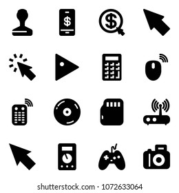 Solid vector icon set - stamp vector, mobile payment, money click, cursor, play, calculator, mouse wireless, remote control, cd, micro flash card, wi fi router, multimeter, joystick, camera