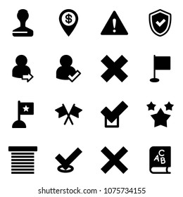 Solid vector icon set - stamp vector, dollar pin, attention road sign, shield check, user login, delete cross, flag, flags, stars, jalousie, abc book