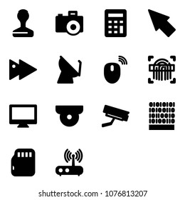 Solid vector icon set - stamp vector, camera, calculator, cursor, fast forward, satellite antenna, mouse wireless, fingerprint scanner, monitor, surveillance, binary code, micro flash card