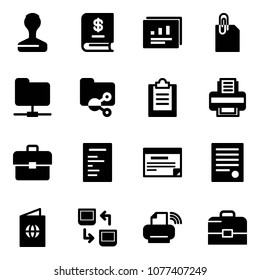 Solid vector icon set - stamp vector, annual report, statistics, attachment, network folder, shared, clipboard, printer, portfolio, document, schedule, agreement, passport, data exchange, wireless