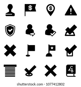 Solid vector icon set - stamp vector, dollar flag, pin, attention road sign, shield check, user login, delete cross, jalousie, abc book