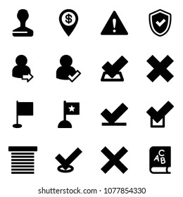 Solid vector icon set - stamp vector, dollar pin, attention road sign, shield check, user login, delete cross, flag, jalousie, abc book