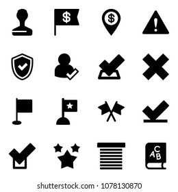 Solid vector icon set - stamp vector, dollar flag, pin, attention road sign, shield check, user, delete cross, flags, stars, jalousie, abc book