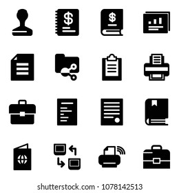 Solid vector icon set - stamp vector, annual report, statistics, document, shared folder, clipboard, printer, portfolio, agreement, book, passport, data exchange, wireless, case